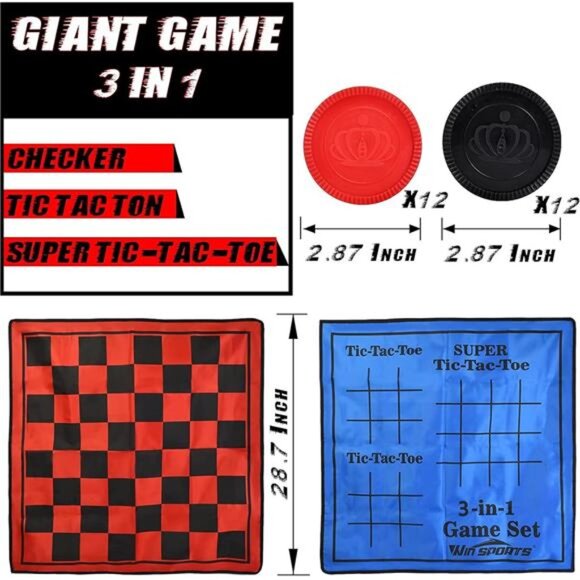 Giant Checkers Game Set,Super Tic Tac Toe,Including Reversible Rug - Picture 2 of 8